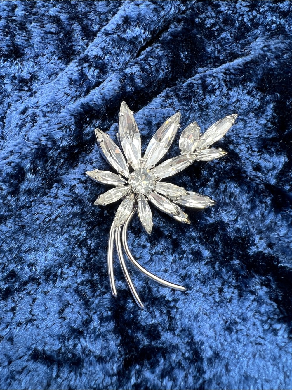 VINTAGE Sherman Brooch • Clear Crystals • Silver Tone Rhodium • Floral Spray